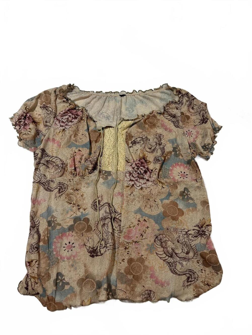 Y2K Plus Size 1X Cap Sleeve Blouse With Floral and Dragon Design